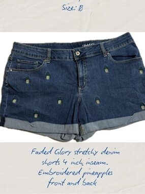 Faded Glory Dark Blue Denim Shorts with Pineapple Embroidery